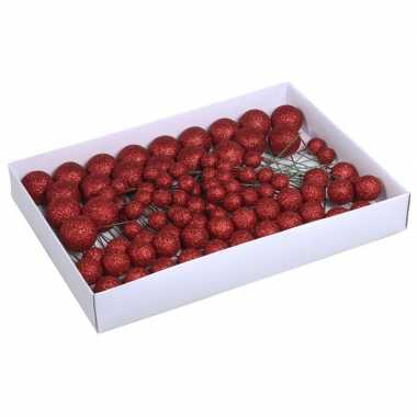 Plastic 100x rode glitter mini kerstballen stekers kunststof 2/3/4 cm