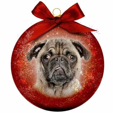 Plastic 1x rode kunststof dieren kerstballen met mopshond/pug 8 cm