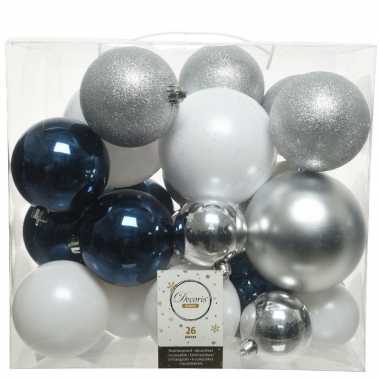 Plastic 26x kunststof kerstballen mix wit blauw zilver 6, 8 en 10 cm