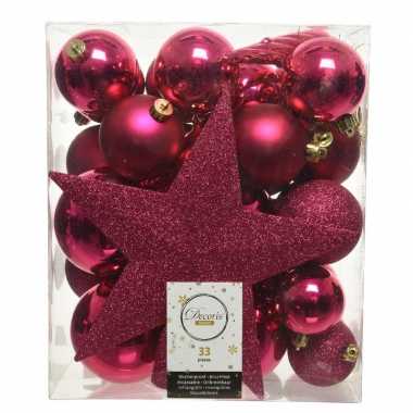 Plastic 33x bessen roze kerstballen met ster piek 5 6 8 cm kunststof mi