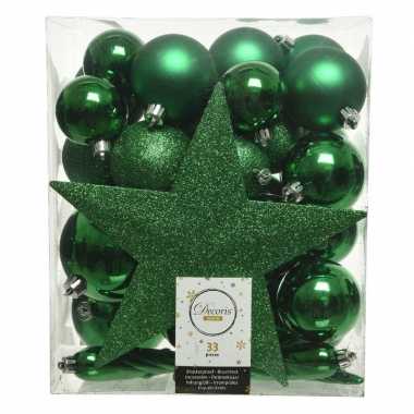 Plastic 33x kerstgroene kerstballen met ster piek 5 6 8 cm kunststof mi