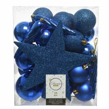 Plastic 33x kobalt blauwe kerstballen met ster piek 5 6 8 cm kunststof m