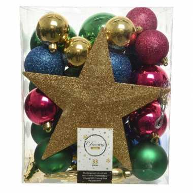 Plastic 33x kunststof kerstballen goud blauw roze groen inclusief piek