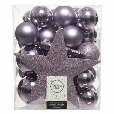 Plastic 33x lila paarse kerstballen met ster piek 5 6 8 cm kunststof mi
