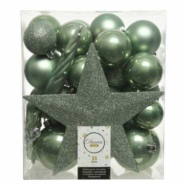 Plastic 33x salie groene kerstballen met ster piek 5 6 8 cm kunststof mi
