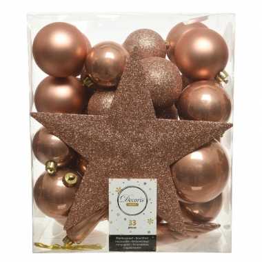 Plastic 33x zacht terra bruine kerstballen met ster piek 5 6 8 cm kunsts