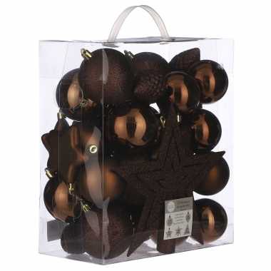 Plastic 39x kunststof kerstballen 8 cm met ster piek kastanje bruin
