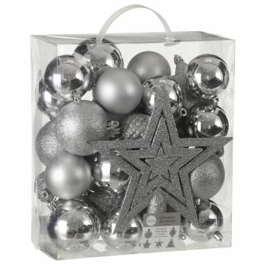 Plastic 39x kunststof kerstballen 8 cm met ster piek zilver