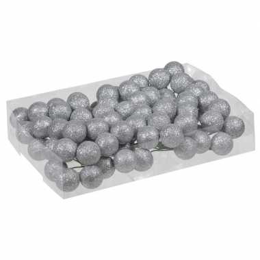 Plastic 80x zilveren glitter mini kerstballen stekers kunststof 3 cm
