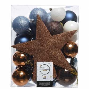 Plastic blauw/bruin/wit kerstballen pakket met piek 33 stuks
