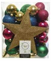 Plastic 33x kunststof kerstballen goud blauw roze groen inclusief piek