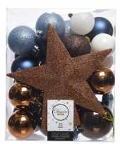Plastic blauw bruin wit kerstballen pakket met piek 33 stuks