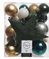 Plastic dennengroen goud wit kerstballen pakket met piek 33 stuks