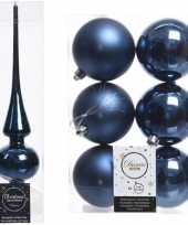 Plastic kerstboom decoratie blauw piek en 6x kerstballen 8 cm