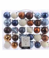 Plastic kerstversiering kerstballen set blauw bruin en wit 60 delig